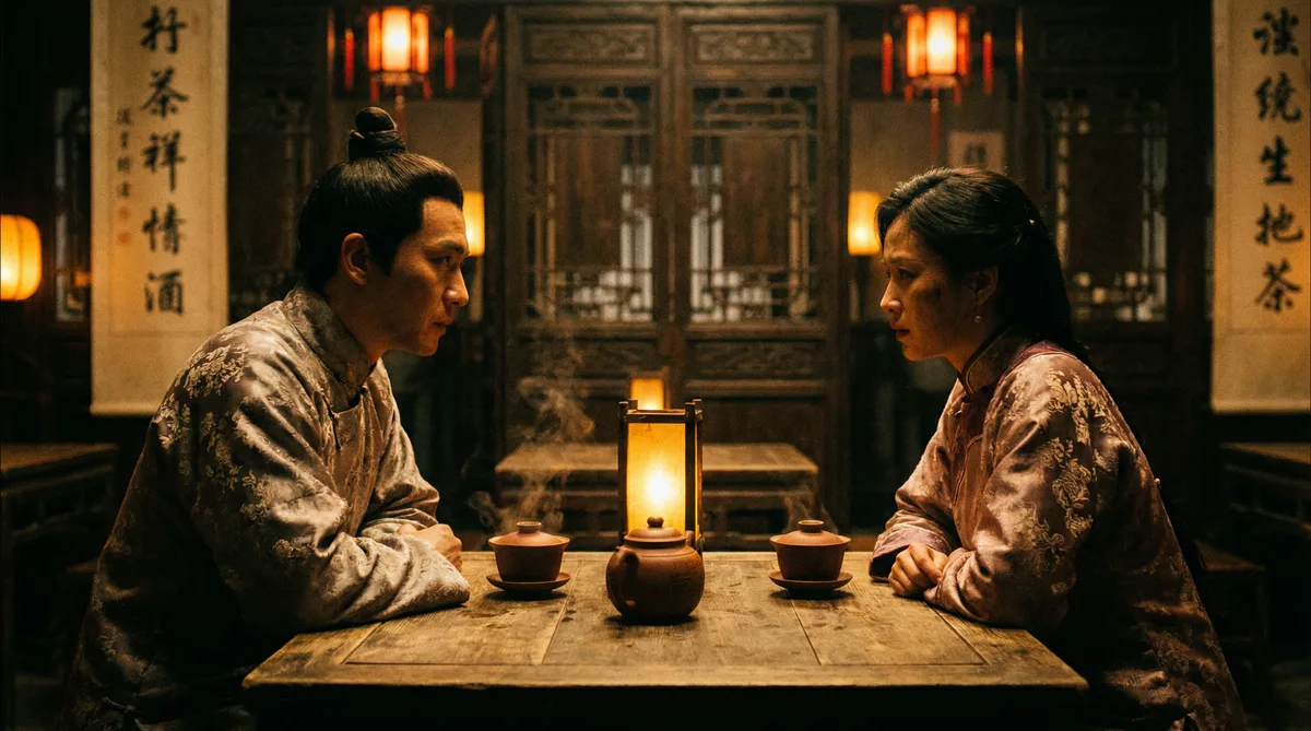 国产自拍古装剧情片拍摄剧照-茶馆对话场景